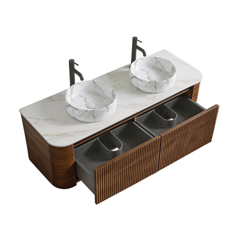 Meuble-lavabo double en céramique, Walnut, 71" W