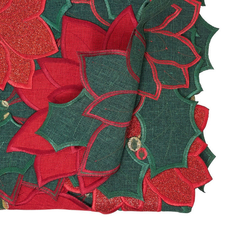 Red & Green Embroidered Glitter Poinsettia Christmas Table Runner 14" X 72"