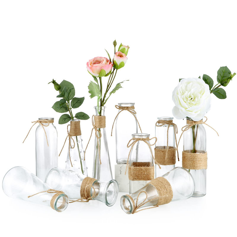 Vase en verre Bud, bouteille en verre décorative avec filet en corde, différentes formes pour centre de table de mariage, fête, décoration intérieure, ensemble de 10