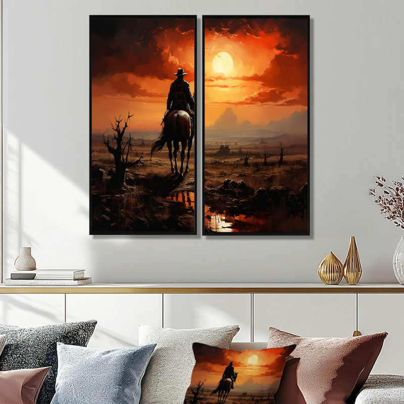 Cowboy Sunrise On The - ensemble de 2 décorations murales orange, H 20 po x l 24 po, Impression encadrée flottante, Noir