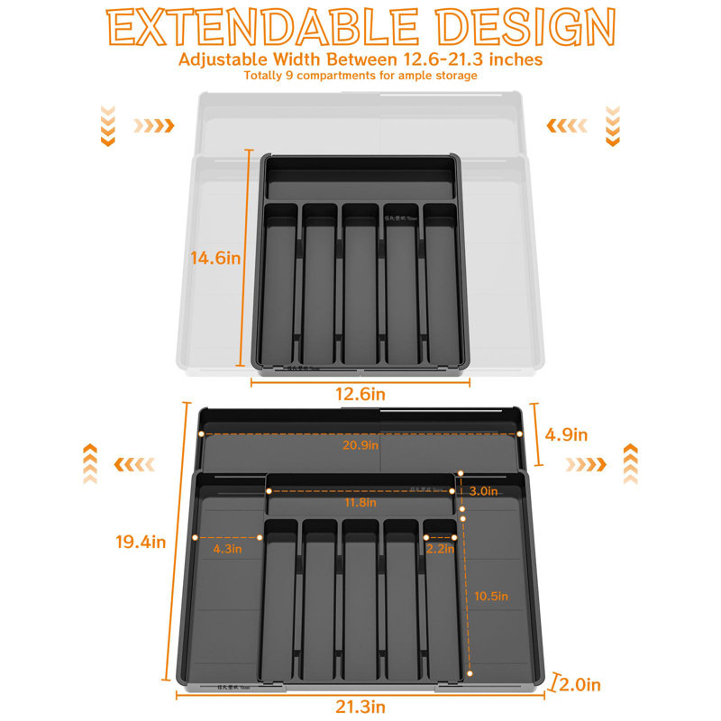 Rangement à couverts extensible pour tiroirs de cuisine, grand range-ustensiles sans BPA dans le tiroir, range-ustensiles en plastique convenant comme couverts, couteaux, fourchettes, cuillères, porte-couverts et plateau, noir