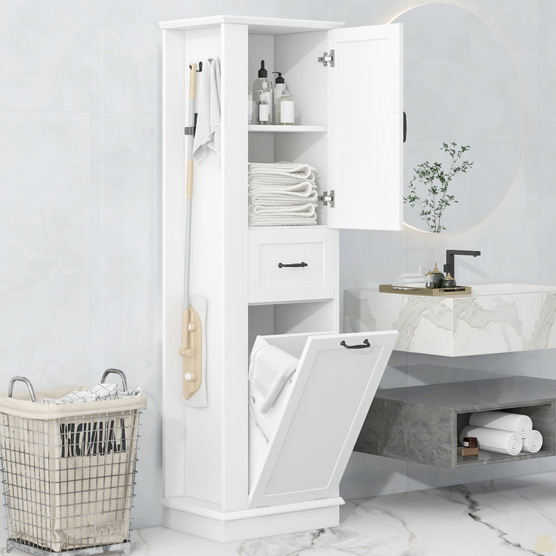 Modern Tall Storage Cabinet – Tilt-Out Compartment, Adjustable Shelves, 80LBS Capacity, Soft-Close Hinges