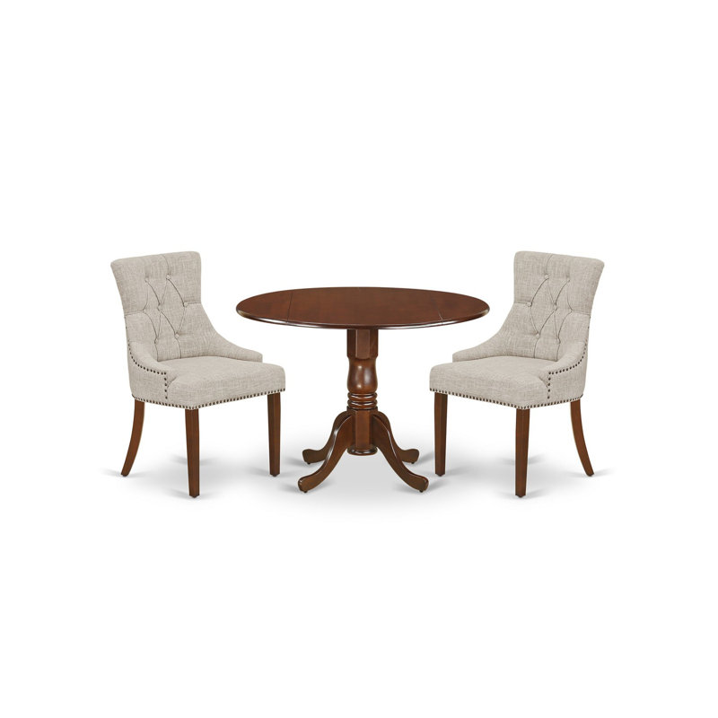 3 Piece Dinette Set for Small Spaces Contains a Round Dining Table with Dropleaf and 2 Doeskin Linen Fabric Upholstered Chairs, Mahogany