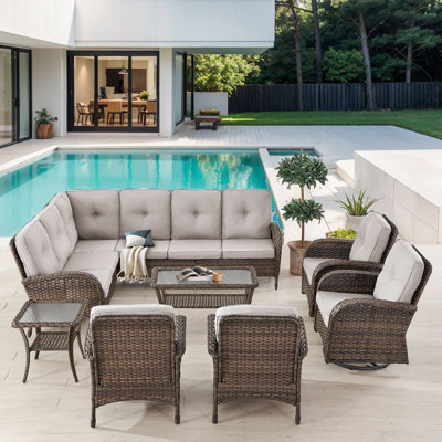 Valierius L-Shaped Outdoor Sectional Sofa Set With Swivel Chairs & High Back Patio Chairs