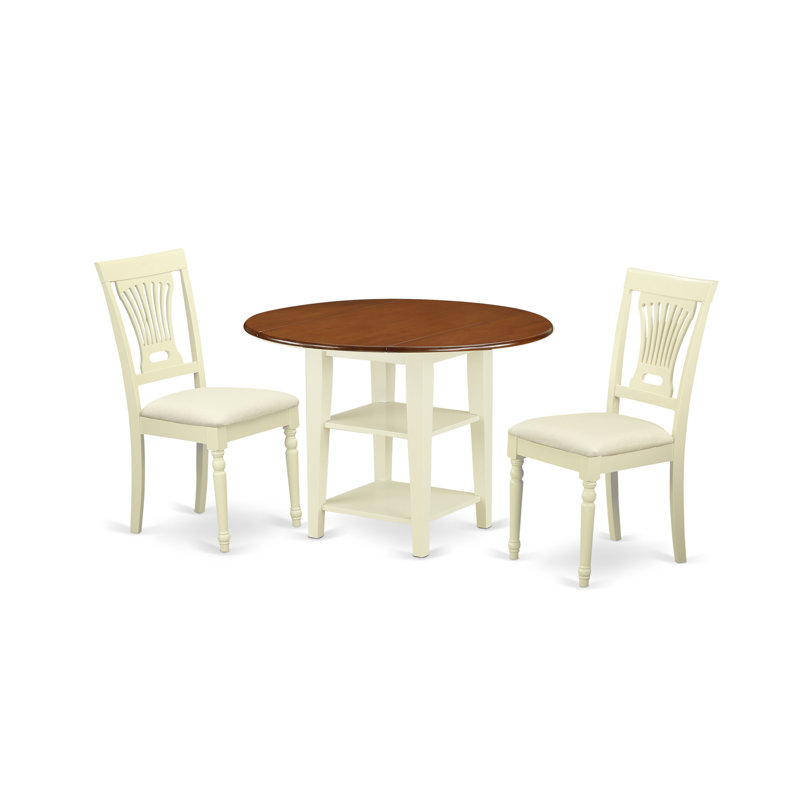 3 Piece Dining Table Set Contains a Round Dining Room Table with Dropleaf & Shelves and 2 Linen Fabric Chairs, Buttermilk & Cherry