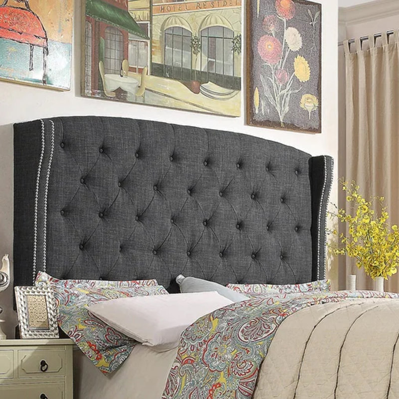 Tête de lit tapissier à oreilles en lin avec garniture cloutée double et capitonnage pour chambre à coucher, Très grand, Noir