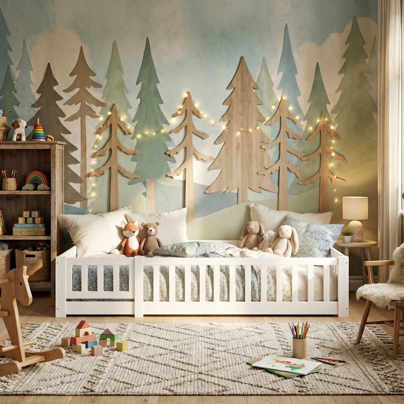 Solid Pine Montessori Floor Bed with Safety Guardrails, White Toddler Bed Frame in Multiple Sizes