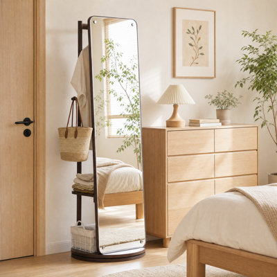 360° Rotating Full Length Mirror, Freestanding Solid Wood Mirror with Clothes Rack & Shelves