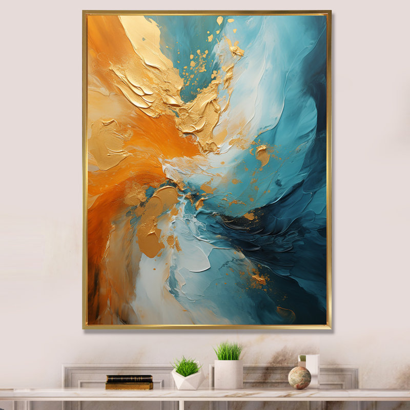 «Gold Turquoise Desert Mirage Spiral V», reproduction sur toile, H 32 po x l 24 po, Cadre flottant doré