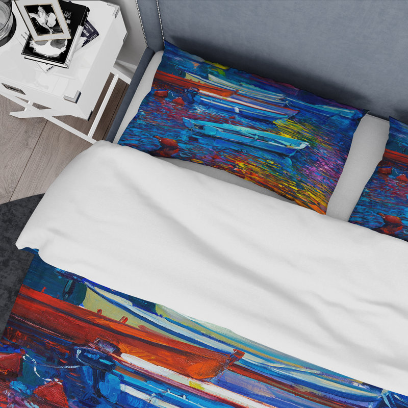 Ensemble de housse de couette Designart Voiliers et mer, Housse de couette très grand + 2 taies décoratives