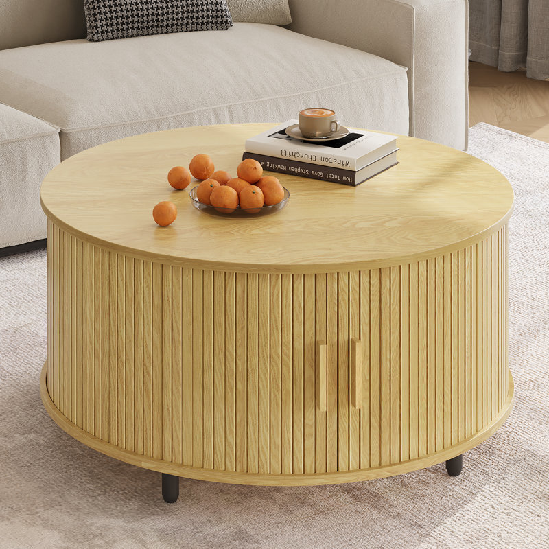 31.5" Modern Round Coffee Table With 360° Curved Sliding Door., Oak