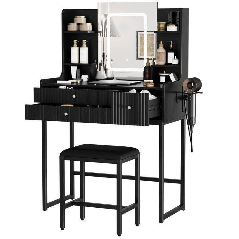 Ensemble de coiffeuse moderne avec miroir lumineux DEL, station de recharge, tabouret, 3 tiroirs, 6 étagères de rangement, support pour sèche-cheveux – Table de maquillage compacte pour chambre, tableau noir + structure en fer noir