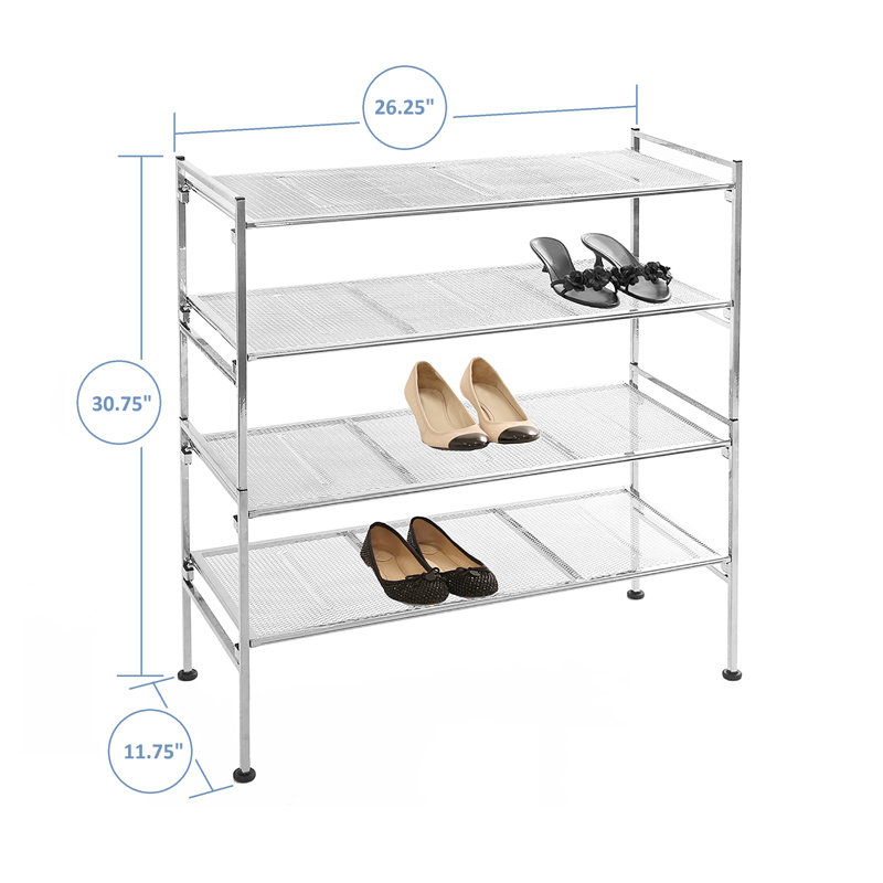 Silver 4-Tier Stackable Metal Mesh Shoe Rack