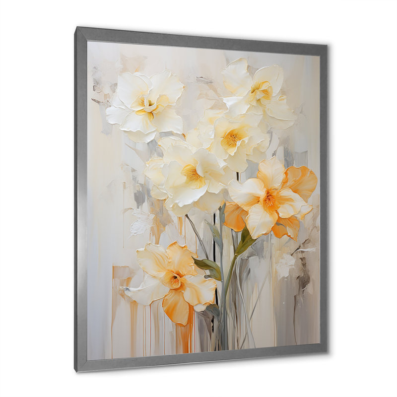 Minimalisme, fleurs de jonquilles blanches et orange I sur toile, Cadre simple argenté, H 44 po x l 34 po x P 1,5 po