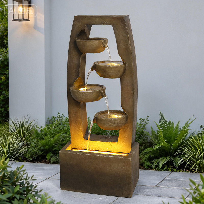 Fontaine d'eau de jardin moderne et moderne avec cascade et cascade de 4 niveaux pour terrasse, Brun