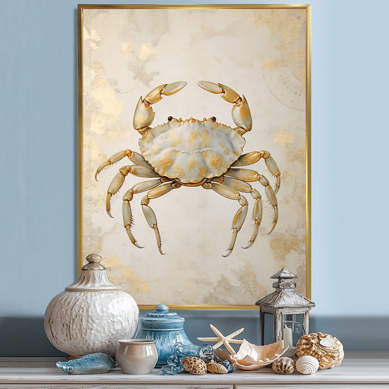 Minimalisme crabe, peinture II sur toile, Cadre flottant doré, H 20 po x l 12 po x P 1 po