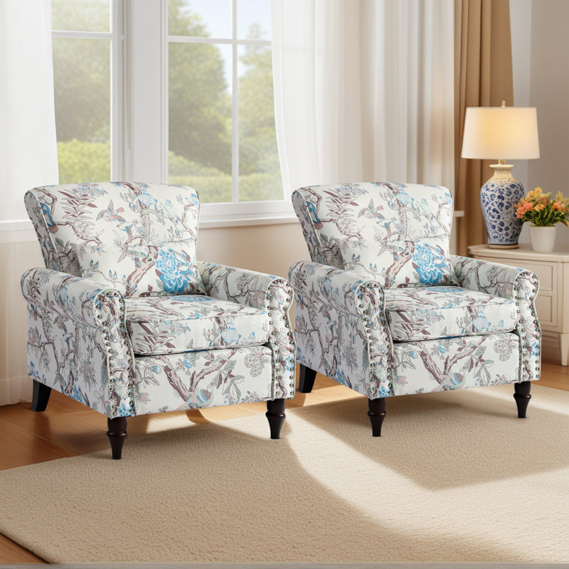 Modern Accent Chairs With Wood Legs & Lumbar Pillows, Comfy Upholstered Armchairs With Nailhead Trim, Floral Pattern Single Sofa Chairs For Living Room Bedroom, Floral（set Of 2）