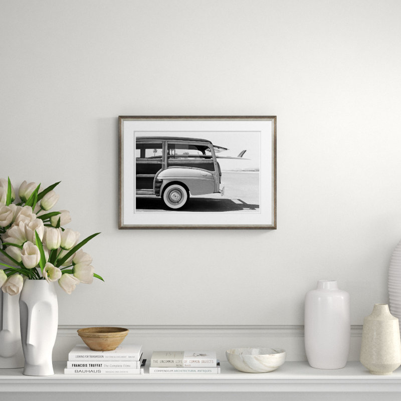 Old Woodie Station Wagon with Surfboard Framed