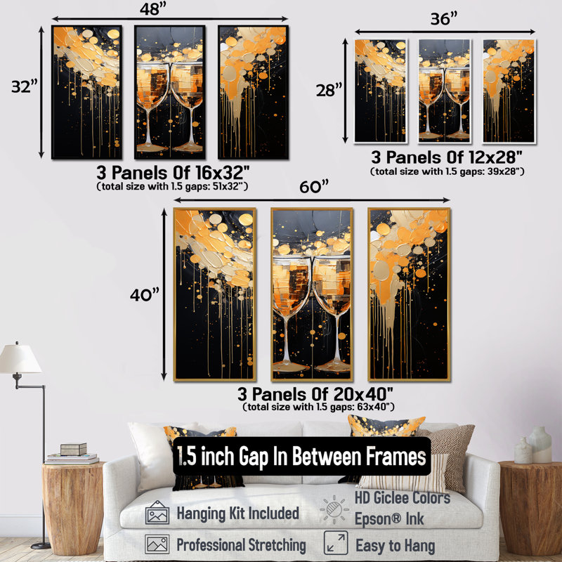 Essence de champagne dorée et noire - Champagne, art mural, Cadre flottant doré, H 40 po x l 60 po x P 1 po