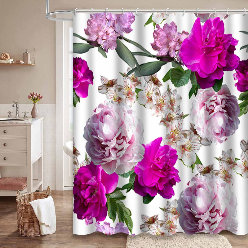 Rideau de douche rose à motif floral rose avec 12 crochets, L 72 po x l 78 po