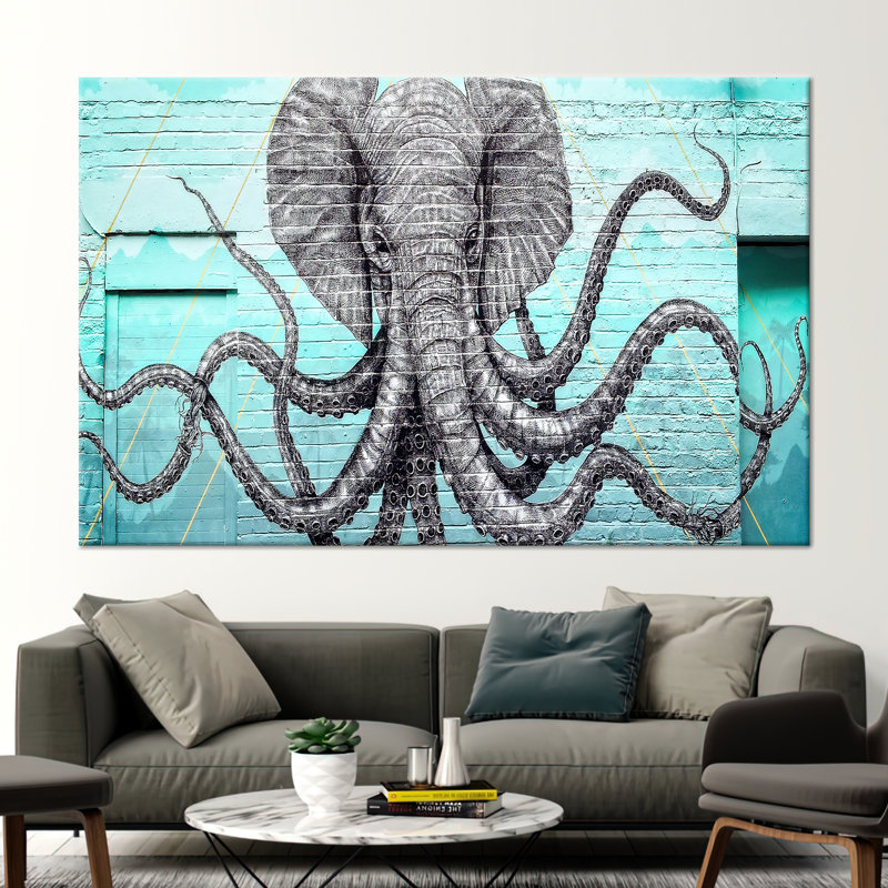 Abstract Modern Graffiti Artwork featuring Vibrant Elephant and Octopus on Quality Canvas, 35" H x 59" W, Wrapped Canvas