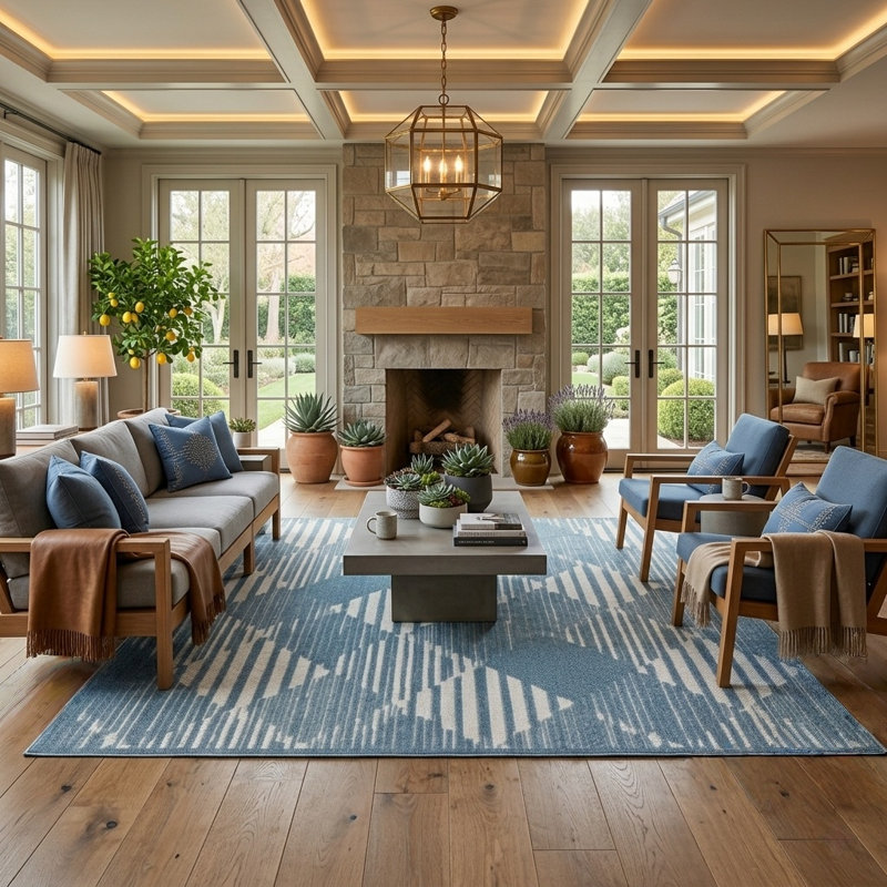 Turkish Unfaded Geometric Indoor Outdoor High-Low Pile Area Rug in Blue/Cream for Patios, Deck, Porch Or Entryway