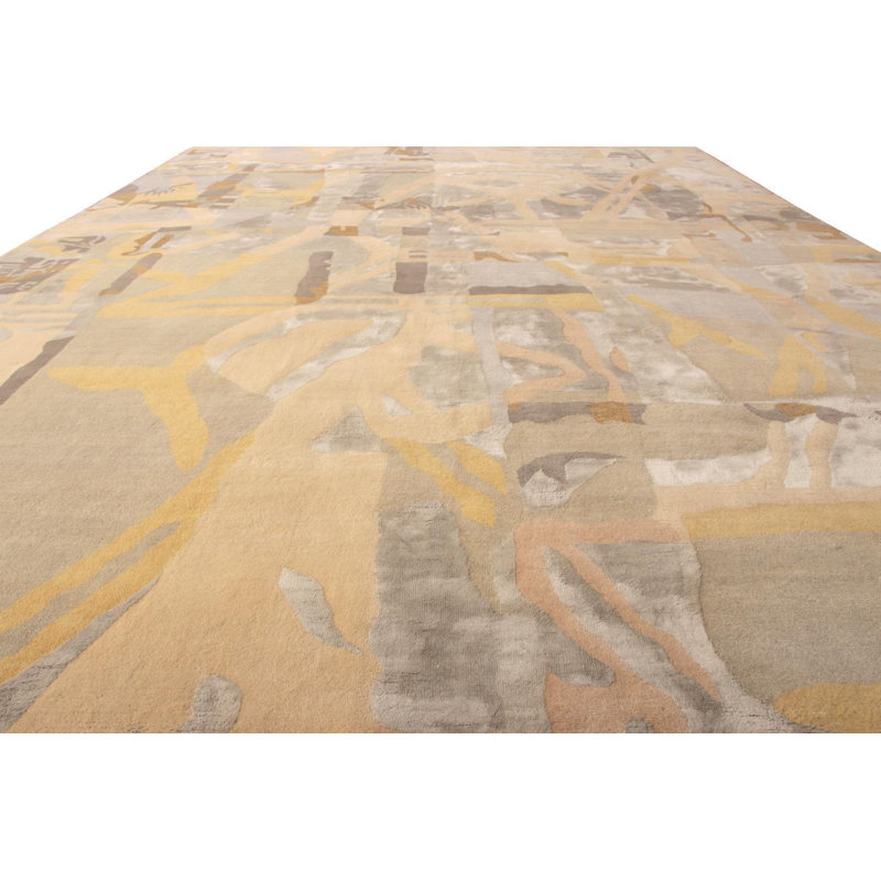 Mid Century Modern Hand Knotted Geometric Area Rug, Rectangle 10' x 14'