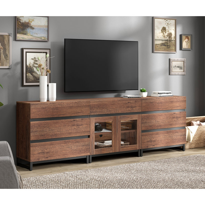 Modern TV Stand For Tvs Up To 100 Inch, 3 In 1 TV Console With Glass Doors And 7 Drawers, Media Console With Adjustable Shelf For Living Room, Bedroom