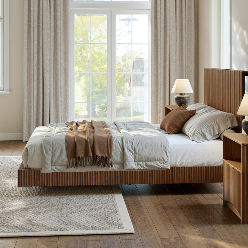 Full Floating Bed Frame With Headboard, Fluted Platform Bed With Led Lights, Heavy Duty Floating Bedframe With Charging Station, No Box Spring Needed