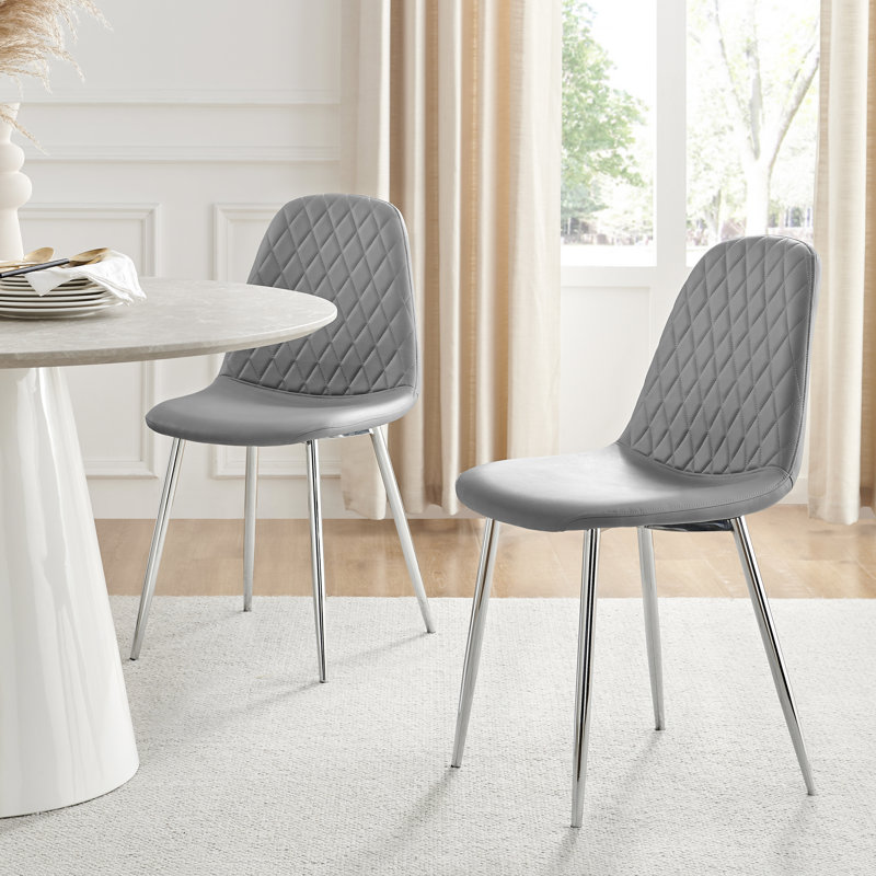 Faux Leather Modern Dining Chairs with Metal Tapered Legs & Diamond Stitching, Grey, Silver