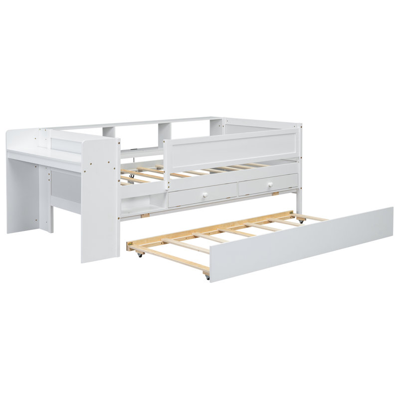 Multi-Functional Twin Daybed With Drawers And Trundle,  Headboard Storage And Tables, USB Charging Station, White