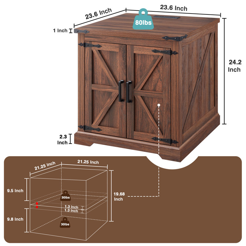 Jaimar 24"W Farmhouse Square End Table with Charging Station&Adjustable Storage Shelf, Brown, Brown