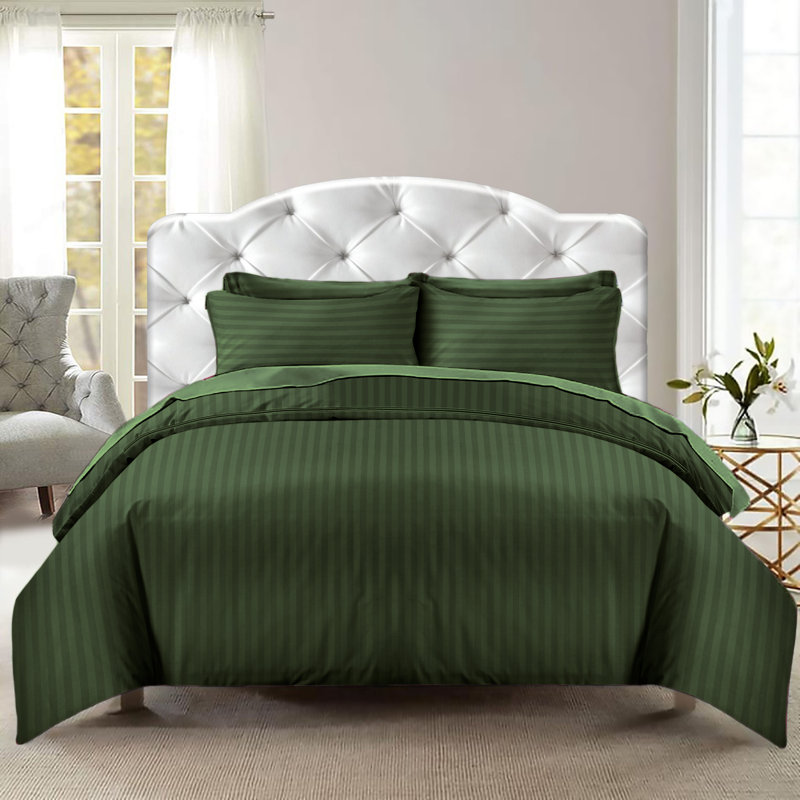 Imperial Homeware London Microfiber Striped Duvet Cover Set with Pillowcases, Olive Green