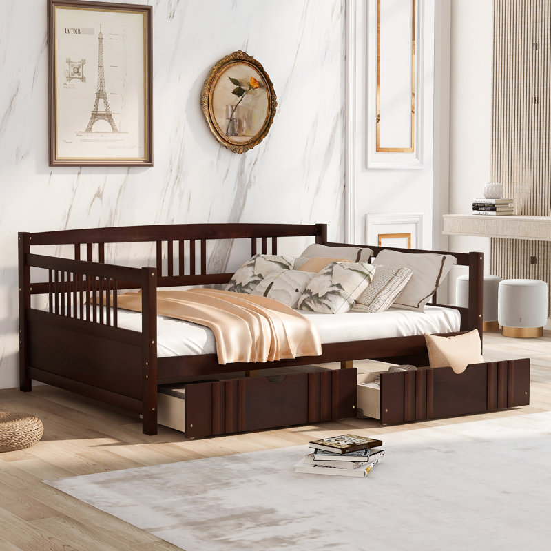 Full Size Solid Wood Daybed, , With Handy Living Room Drawers Daybed Two Drawers, Strong And Long-Lasting Home Bed, Espresso