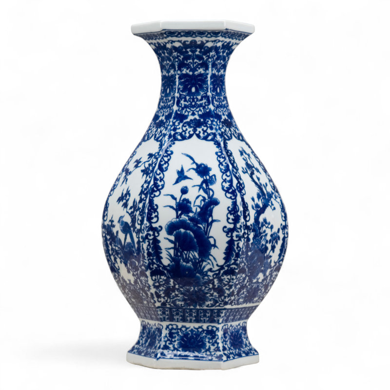 Hexagonal Porcelain Vase with Floral and Bird Motif Blue and White