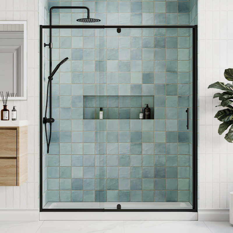56" - 60" W x 71" H Pivot Swing Semi-Frameless Shower Door with 1/4" (6mm) Clear Tempered Glass, Matte Black