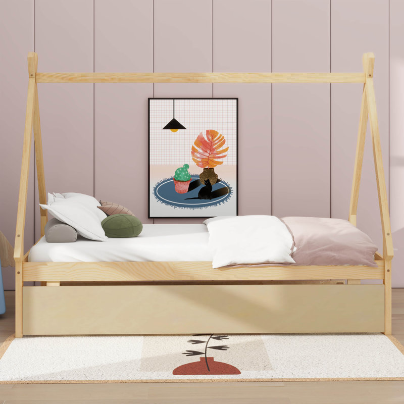 Lit de sol de tente simple Aquaisha, cadre de lit simple House avec lit gigogne escamotable, Naturel