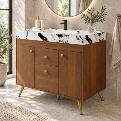 36" Freestanding Bathroom Vanity with Sintered Stone Top, Ceramic Sink, 2 Drawers & 2 Storage Cabinets