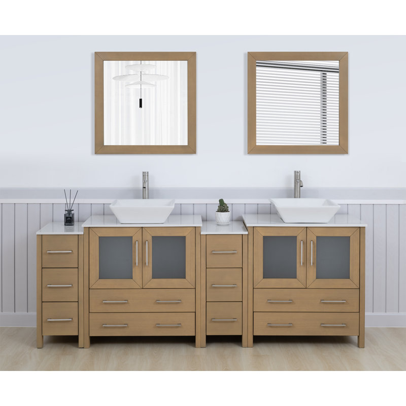  Modern 84" Double Bathroom Vanity Set with Mirror, Natural Oak