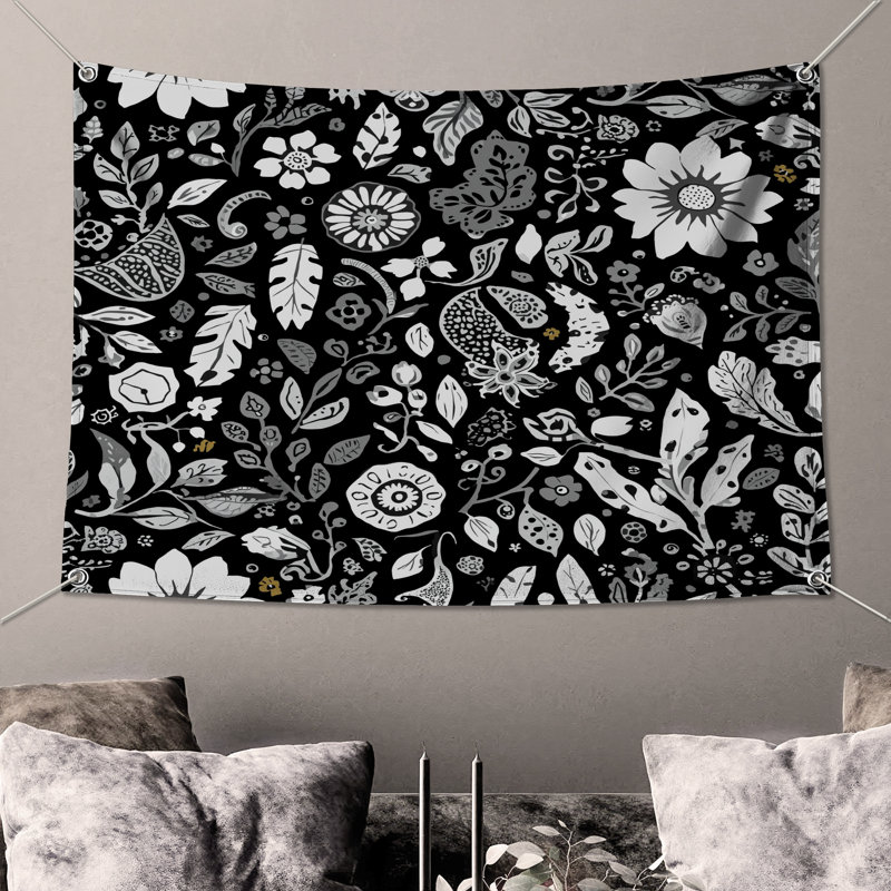 Tapisserie murale motif floral noir et blanc, 104in H x88 with 4 Grommets