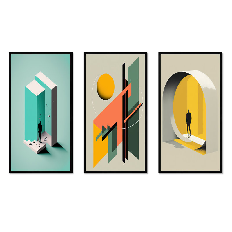 «Reality Of Essential Shapes», 3 pièces sur toile, Cadre flottant noir, H 20 po x l 36 po