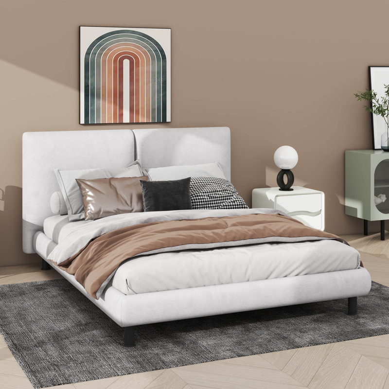  Lit plateforme tapissier Rusell avec deux grands appuis-tête et tissu épais, Beige
