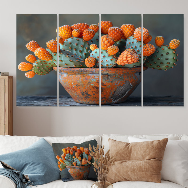 Orange orange vert, photo monochrome de cactus dans un vase I - ensemble d'art mural floral cactus, H 32 po x l 64 po