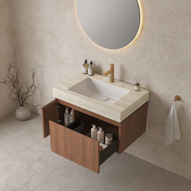 Meuble-lavabo mural simple avec lavabo, 30", Chêne brun, Beige