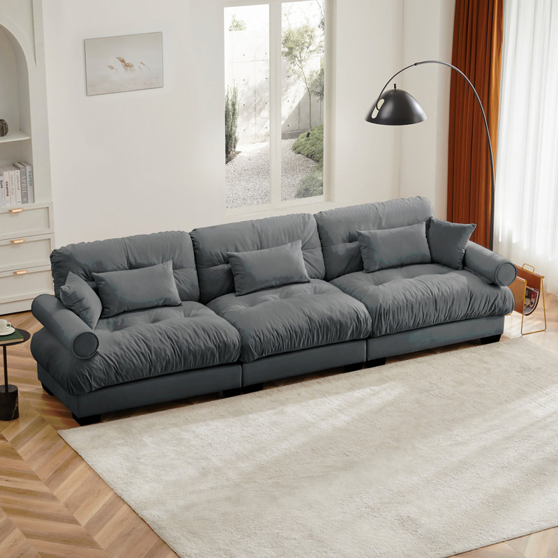 Très grand canapé en velours moderne à 3 places, canapé surdimensionné, siège et dossier confortables, avec coussins de taille et coussins décoratifs gris