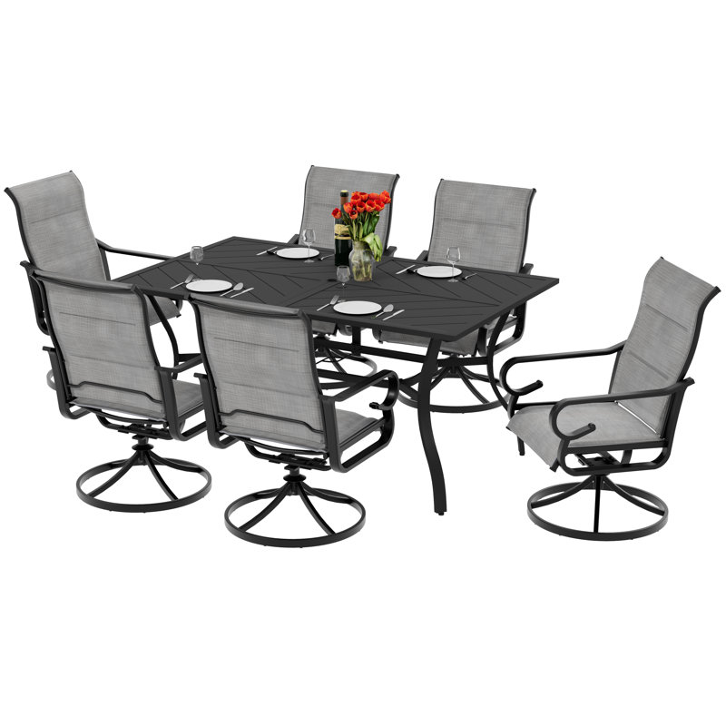 Burlington 7-piece Padded Textilene Patio Dining Set With Umbrella Hole, Swivel Design, Gray