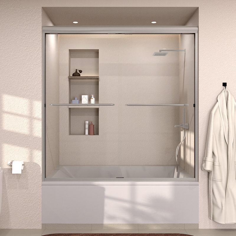  Nesso 60 In. W X 56 In. H Sliding Framed Bathtub Door And Transparent Glass in Brushed Nickel, Brushed Nickel