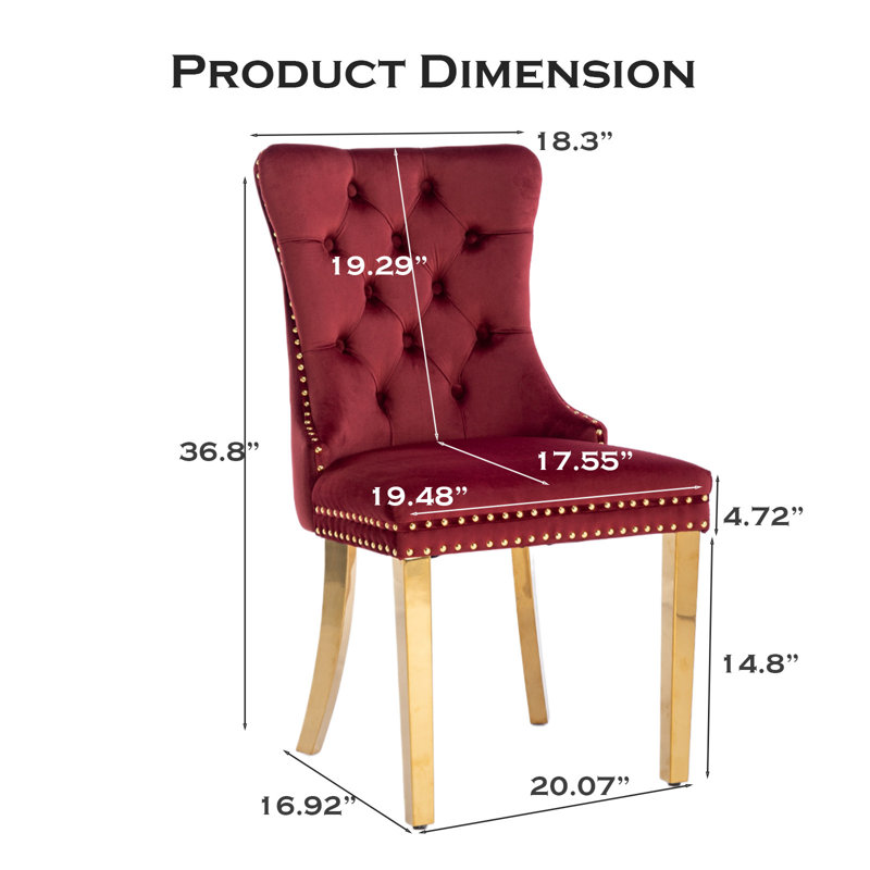 Chaise de salle à manger en velours avec anneau à dossier et pieds en bois massif, 2, Rouge, Doré