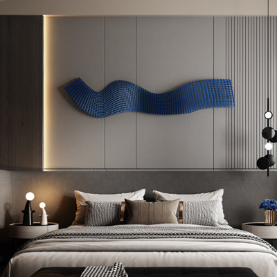 Modern Minimalist Metal Wall Art, Matte Black Wave Grid Hollow Wrought Iron Wall Hanging for Living Room Sofa Background Wall