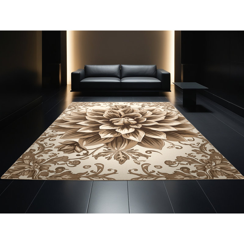 Tapis beige traditionnel lavable à la machine Paesyn Dahlia, Rond 5 pi